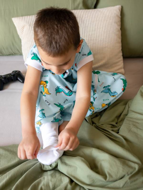 Vreća za spavanje sa nogavicama - dva sloja pamuka - bez rukava - dodatak za stopala - Veseli dino 1.0 TOG