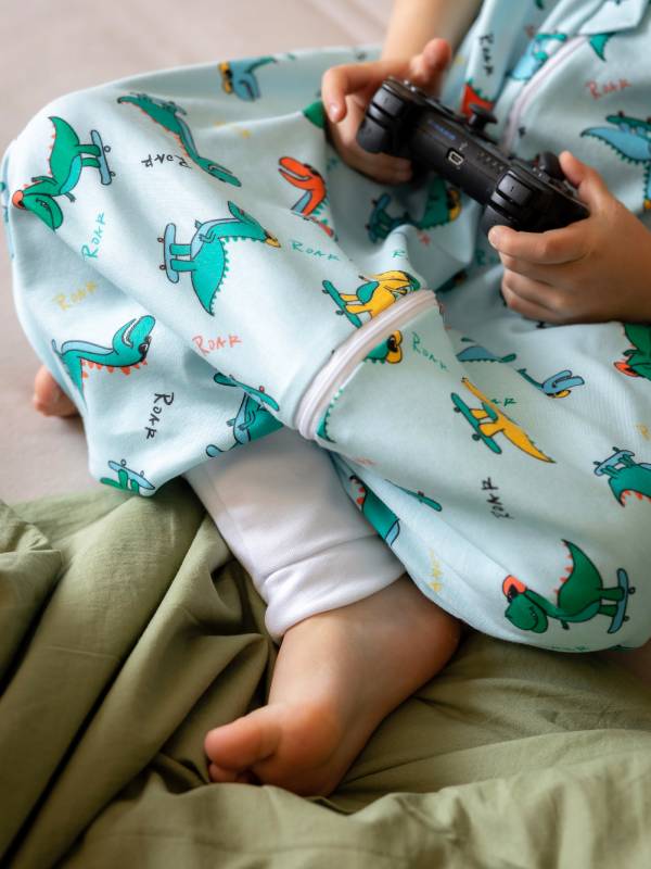 Vreća za spavanje sa nogavicama - jedan sloj pamuka - bez rukava - dodatak za stopala - Veseli dino - 0.5 TOG