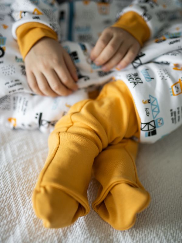 Liberina vreća za spavanje sa nogavicama - dva sloja pamuka - dugi rukavi - dodatak za stopala - Žute radne mašine